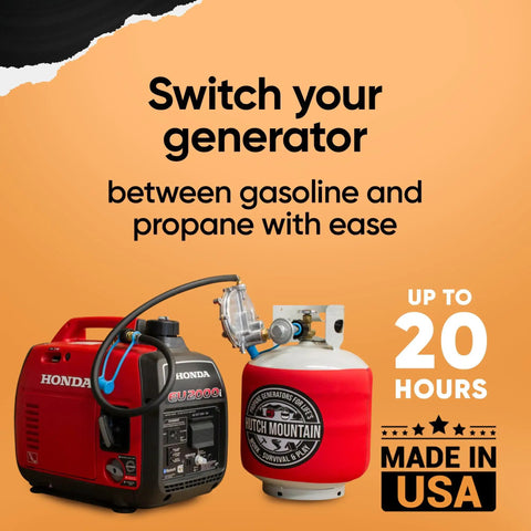 Honda EU2000i Propane And Gas Dual Fuel Conversion Kit for portable generators with propane tank on orange background