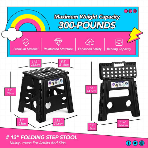 13 Inch Folding Step Stool 2 Pack No Slip Lightweight Collapsible Stool With Handy Grab Handle Supports Up To 300 Lbs Black