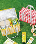 Open and closed views of Lightweight Foldable Insulated Picnic Cooler Bag with Zippered Top and 24L Capacity for Hot or Cold Food.