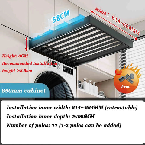 Retractable Drying Rack Under Cabinet Space Saving Pants Organizer installed above a washing machine