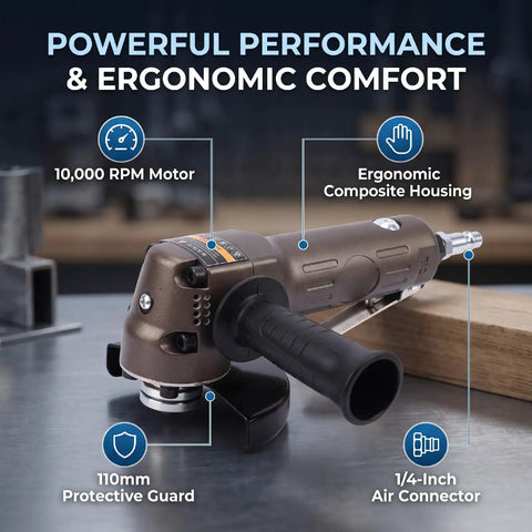 Slick Pneumatic Air Angle Grinder With Knockout 10000 RPM And 110Mm Disc For Heavy Duty Grinding And Cutting Featuring No Sweat Ergonomic Grip And Light Rugged Workshop Rig with 10,000 RPM motor and 110mm guard.