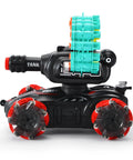 Remote Control Foam Dart Tank That Shoots Darts, includes 16 foam darts, red RC stunt vehicle with Nerf compatible design, side view