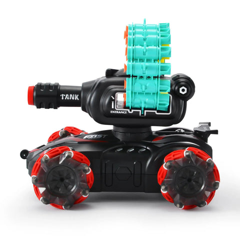 Remote Control Foam Dart Tank That Shoots Darts, includes 16 foam darts, red RC stunt vehicle with Nerf compatible design, side view