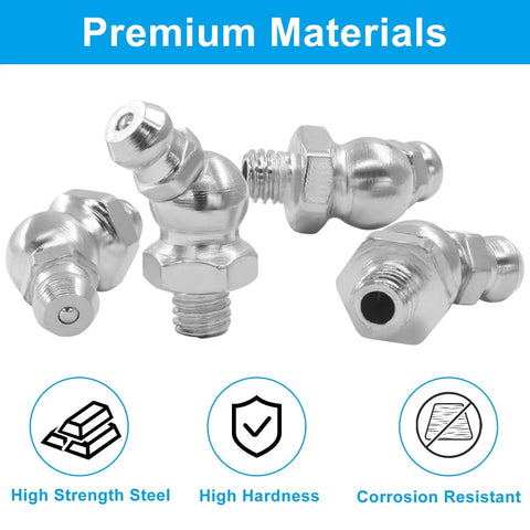 45 Degree M6 Grease Fitting Set 1mm Thread Zerk Nipple Nozzles 20 Pieces Pro Grade shown with premium material icons