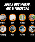 Front view: Gorilla 100% silicone sealant, white, 10 oz cartridge; infographic icons (kitchen, bath, window, door).
