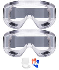 Two pairs of anti fog safety goggles with impact resistant lenses ANSI Z87.1 certified, shown with earplugs and a carrying case.
