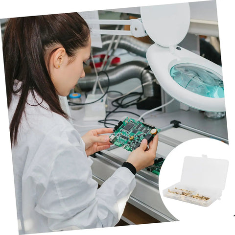 Woman assembling circuit board using Straight Up Heavy Duty Brass Standoffs With Male Female Threaded Hex Spacers.