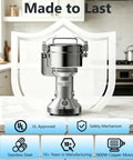 Powerhouse 1800W High Speed Grain Mill Grinder in kitchen, showing stainless steel, safety features, and copper motor.