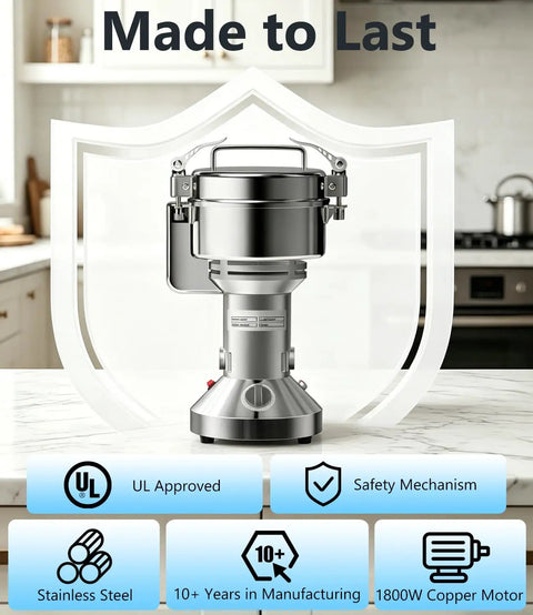 Powerhouse 1800W High Speed Grain Mill Grinder in kitchen, showing stainless steel, safety features, and copper motor.