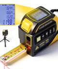 No Sweat 4 In 1 Laser Tape Measure With 328 Ft Rangefinder And Cross Line Beam Plus Auto Lock Folding Ruler And Digital Level For Dead Precise Yard Work rechargeable battery with backlit screen and yellow housing