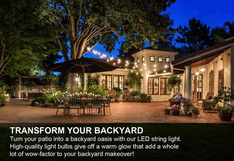 Backyard terrace with 2 Pack 48ft Outdoor String Lights Dimmable Shatterproof LED Bulbs Weatherproof For Patio Backyard Party