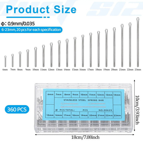 360Pcs Watch Band Link Cotter Pin Set For Stainless Steel Straps 6mm To 23mm Sizes With 20 Pins Per Size Durable DIY Ready Repair Kit