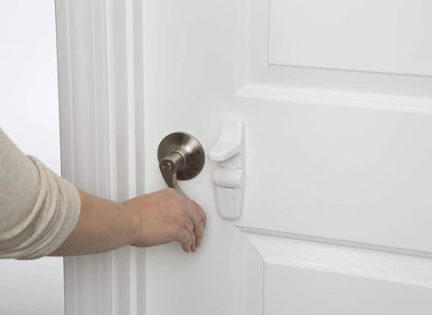 OutSmart Lever Handle Lock 4 Pack White Kid Safe Kidproof Lock For Lever Handles With Hidden Buttons And Decoy Button on white door