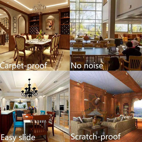 Four interior settings showing benefits of PTFE Chair Leg Sliders For Carpet Surface 1 Inch Square Nail On Glides Brown 40 Pack