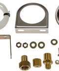 Front view of Dorman 7-153 universal oil pressure gauge kit with gauge, white tubing, mounting bracket, and brass fittings