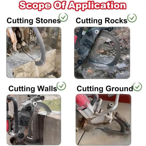 Scope of application for 9500W Electric Concrete Ring Saw With Dual Water Spray Dust Control, showcasing cutting stones, rocks, walls, and ground.