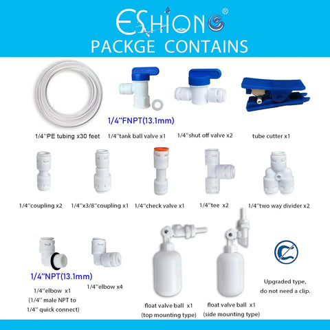 NSF Certified 1/4 Inch Push To Connect Fittings For RO Water Filter Kit includes 19 pieces, 30 ft tubing, BPA-free, with float ball valve