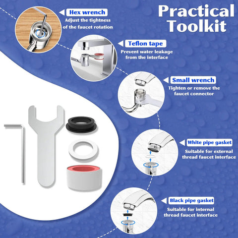 Toolkit for 1080 Degree Swivel Faucet Extender With Robotic Arm Aerator, includes hex wrench, teflon tape, and gaskets