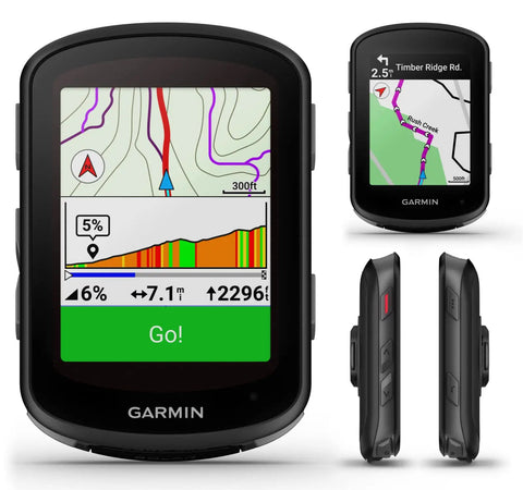 Garmin Edge 540 GPS Cycling Computer With Button Controls, multiple views displaying navigation and elevation screen.