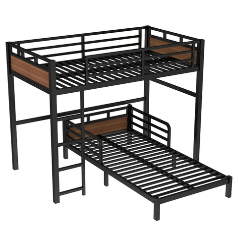 Detachable Twin XL Bunk Bed With Metal Guardrails In Walnut Finish, Space Saving Convertible Loft System That Becomes Separate Loft And Platform Beds