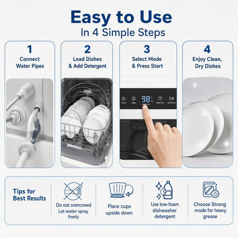 Easy to use Heavy Duty Countertop Dishwasher With No Plumbing Required Setup And Four Auto Wash Programs illustrated in four steps.