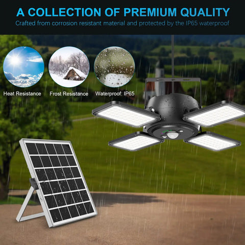 Solar Motion Sensor Shed Light With 4 Heads 144 LEDs 1200 Lumens Outdoor Indoor IP65 Waterproof Remote 5 Lighting Modes display
