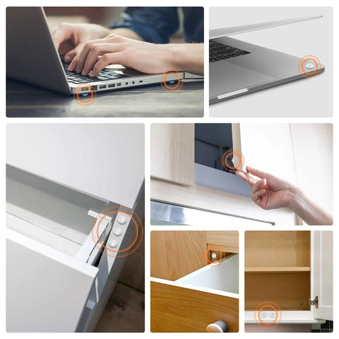 Collage of 200 Pack Clear Rubber Cabinet Door Bumpers With Stick On Self Adhesive Pads in use on laptops and cabinet doors