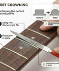 Professional Guitar Luthier Tool Kit with Fret Leveling Beam Fret Crowning File and Nut Files Set in use for crowning frets.