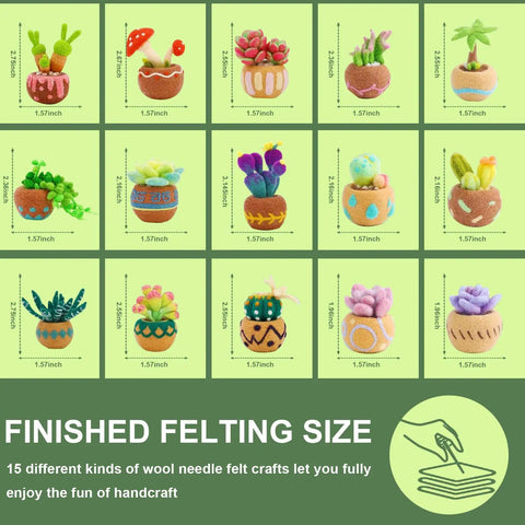 Image showing finished felt plants from a 15 Piece Beginner Friendly Succulent Needle Felting Kit with Wool Roving, Felting Mat, Needles, and Step by Step Instructions for DIY Home Decor Crafts Great for Beginners and Crafters Alike, Ideal for Making Cute Mini Plants and Tableside Decor.