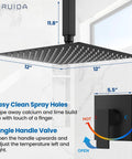 12-inch matte black square head of Shower Faucet Set And Handle Kit Single Function Ceiling Mount Rainfall Shower System with valve.