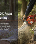 Person using Gas Chainsaw 18 Inch 50cc 3-HP 2-Cycle X-Torq Engine with Automatic Oiler for wood cutting