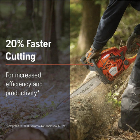 Person using Gas Chainsaw 18 Inch 50cc 3-HP 2-Cycle X-Torq Engine with Automatic Oiler for wood cutting