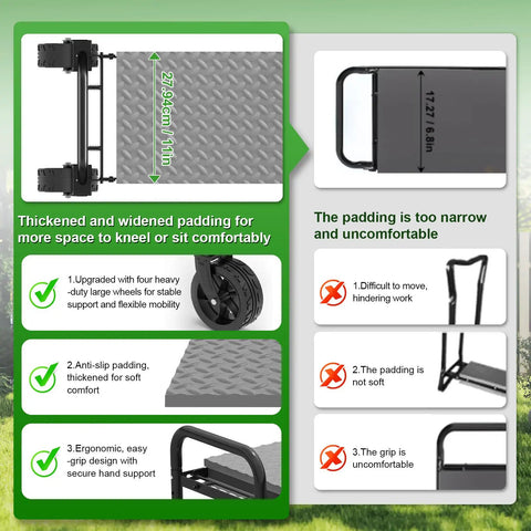Comparison of padding and grip features of Three In One Rollin Garden Stool With 360 Degree Wheels Foldable Kneeler And Seat Extendable Legs.