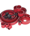 Pro Bi Metal Hole Saw Kit With 13 Sizes Plus Drill Bit, Hex Wrench And Opener For Cutting Soft Wood Plywood PVC Sheets Smoothly Today., red bi-metal hole saw set with multiple sizes and pilot drill bits for wood, PVC and thin metal