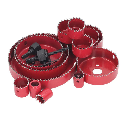 Pro Bi Metal Hole Saw Kit With 13 Sizes Plus Drill Bit, Hex Wrench And Opener For Cutting Soft Wood Plywood PVC Sheets Smoothly Today., red bi-metal hole saw set with multiple sizes and pilot drill bits for wood, PVC and thin metal