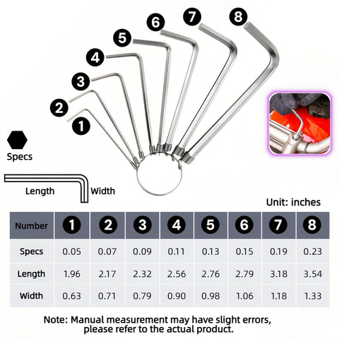 Pro 8-Piece Metric Hex Key Set With L-Shaped Allen Wrenches And Key Ring, 1.5-6mm Sizes, showing measurements and key ring.