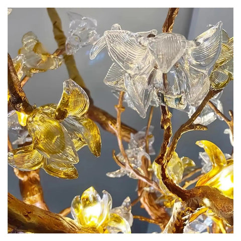 Premium Branch Style Crystal Chandelier With Antique Brass Finish showcasing delicate yellow and clear glass flowers on branch design.