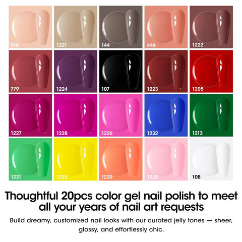 Dope 24 Piece Gel Nail Polish Set With 20 Colors Plus Base Coat And Cateye Top Coat UV Cured Soak Off Nail Kit color chart