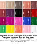 Color swatch of 20 shades from 24 Piece Gel Nail Polish Set With 20 All Season Shades Plus Base Coat And Glossy Matte Cateye Top Coat