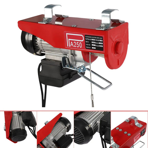 Badass No Sweat 110V Electric Hoist And Winch With 550 Lbs Lift Capacity overhead garage ceiling crane red design with motor and steel rope