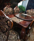 Elegant wooden dining table with ornate chairs and decorative table runner, perfect for hosting meals and gatherings.