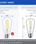 Comparison of 100 Watt Equivalent LED Bulb Dimmable E26 Base Cool White 5000K 1100 Lumens 9W Vintage ST21 vs. first-gen ST21.