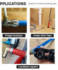 DIY Friendly PEX B Tubing Sticks 0.5 Inch By 4 Feet Red And Blue Potable Water And Hot Water Tubing For Indoor Outdoor Use Pre Cut Convenience Easy Install Replacement For Small Plumbing Jobs in various applications like fridge hookups and under-sink taps, showing localized repairs and installation views.