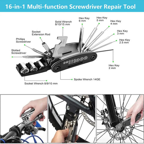 Grab And Go All In One Bike Repair Kit With Mini Pump Under Seat Bag And Tail Light 16-In-1 Multi Tool Tire Patch Kit