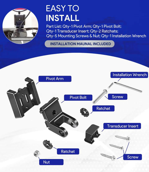 Sturdy Transducer Bracket Transom Mount Hardware Kit For Black Skimmer Transducer installation parts diagram with pivot arm, bolts, and tools.