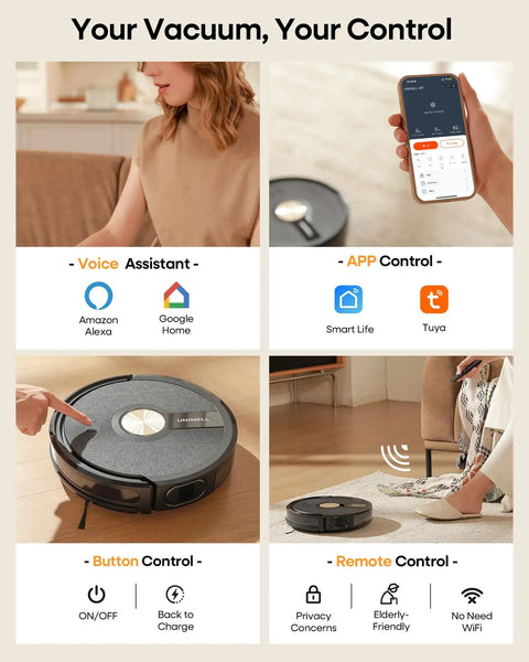 Robot Vacuum And Mop Combo With 5000Pa Suction, 180 Minutes Runtime, App And Alexa Control, shown with control options.