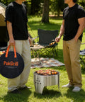 Portable 14 Inch Folding Campfire Grill with carry bag, stainless steel charcoal grill for camping bonfires picnics backyard cooking.