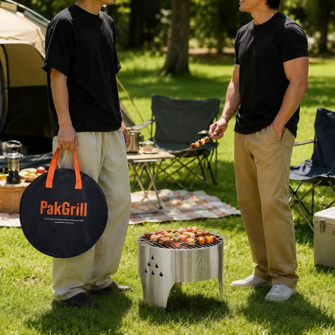 Portable 14 Inch Folding Campfire Grill with carry bag, stainless steel charcoal grill for camping bonfires picnics backyard cooking.