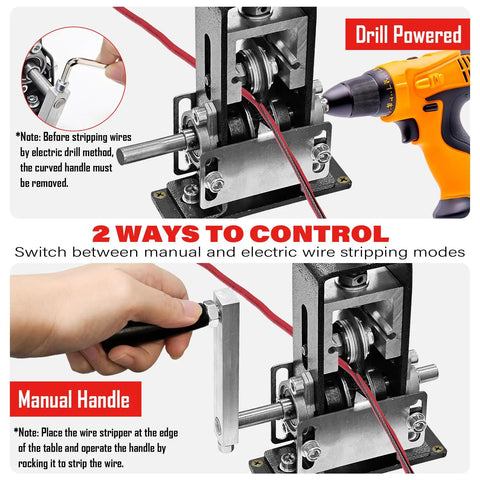 Heavy Duty Wire Stripping Machine For Copper Wire 0.06–1 Inch, drill powered and manual hand crank modes, dual control setup