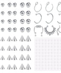 Fake Piercing Jewelry Kit With Replacement Balls And Stickers 159Pcs For Lip Labret Studs Nose Rings Septum And Hoops Includes 50 Replacement Balls 100 Stickers 6 Fake Nose Rings 3 Fake Septum 3 4 5mm, silver set with balls, hoops, cones, and stickers